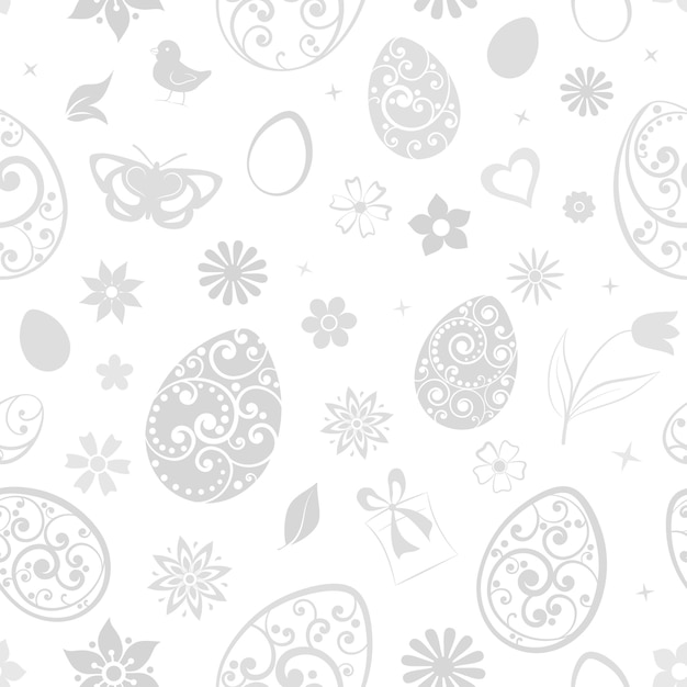 Naadloos patroon van eieren bloemen geschenkdoos kip en andere paassymbolen grijs op wit