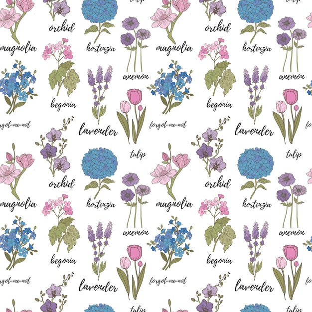 Naadloos patroon van elegante en sierlijke bloemen lavendel tulp hortensia begonia forgetmenot