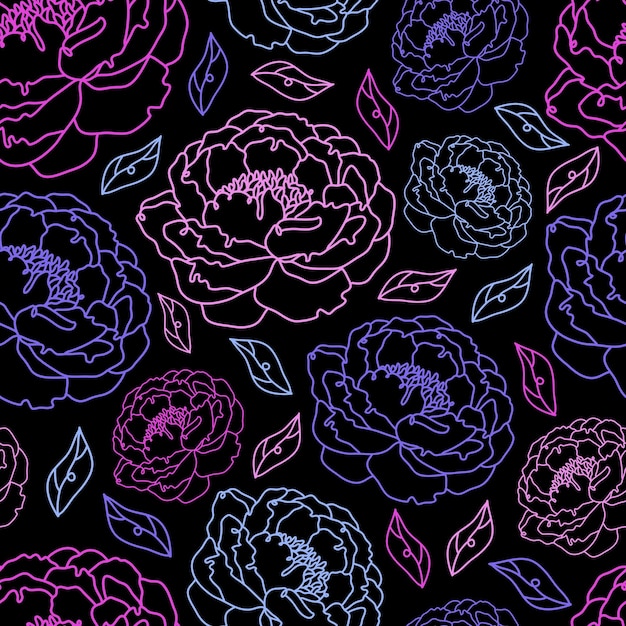 Naadloos patroon van felle neonbloemen op zwarte achtergrond Peony getekend met doorlopende kunstlijn