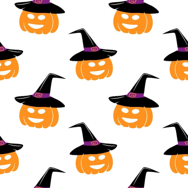 Naadloos patroon van Halloween-pompoen in een heksenhoed met lachend gezicht in trendy tinten