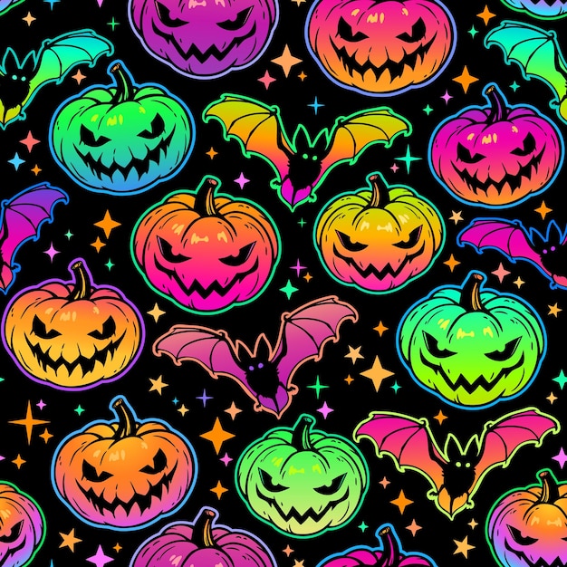 Vector naadloos patroon van heldere veelkleurige halloween-pompoenen en vleermuizen