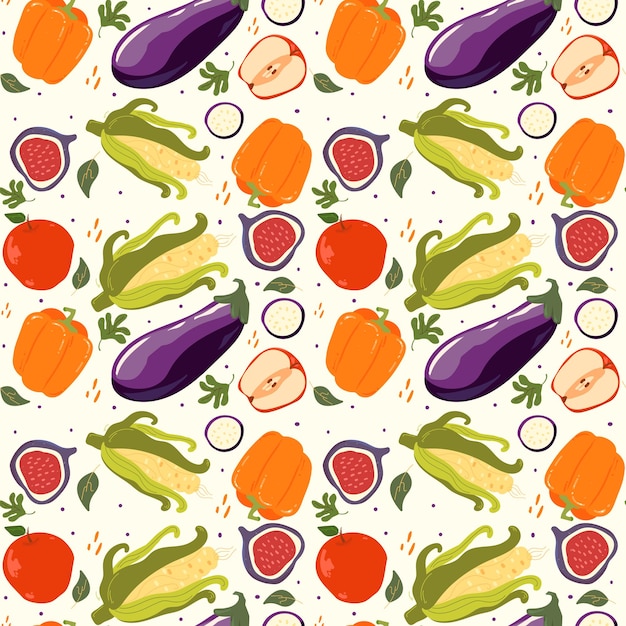 Naadloos patroon van herfstfruit en groenten, vijgen, appels, paprika's, aubergine en maïs