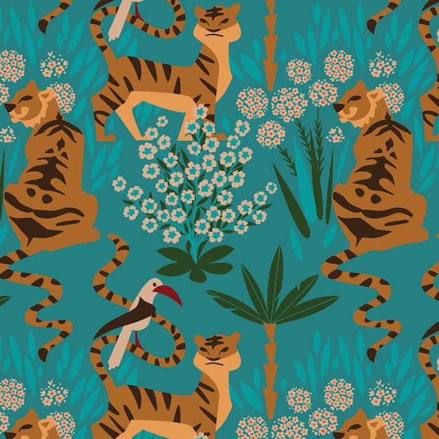 Naadloos patroon van indiase tijgers in de bloeiende bloemen in het bos