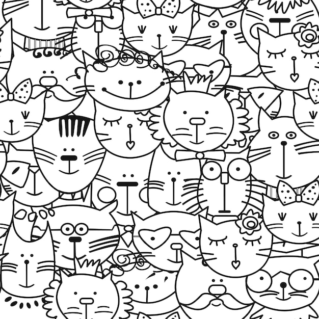 Naadloos patroon van katten met een schattig gezicht Line doodle