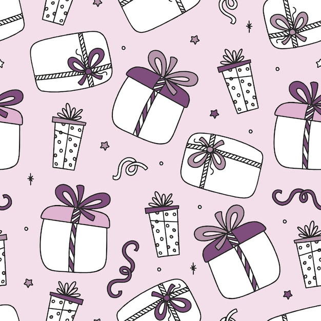 Naadloos patroon van kerstcadeaus op roze achtergrond vector Doodle Christmas