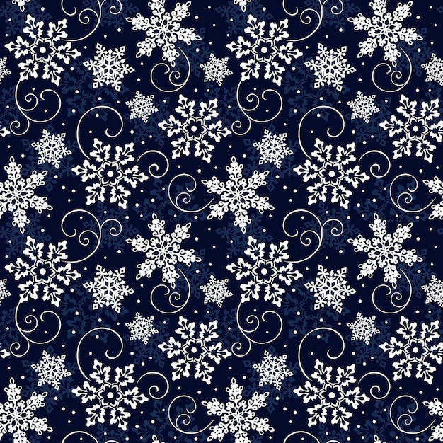 Naadloos patroon van Kerstmissneeuwvlokken met Swirls - Kerstmis vector blauwe achtergrond