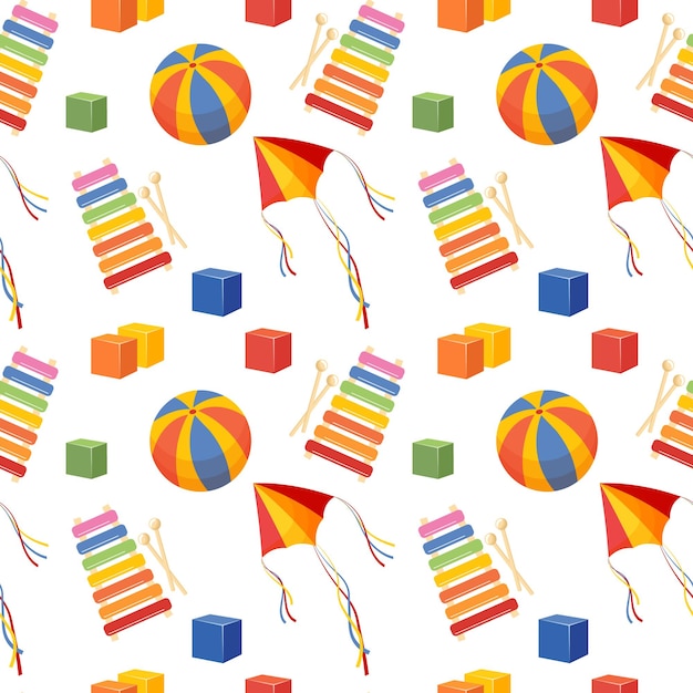 Naadloos patroon van kleurrijk kinderspeelgoed Ballen vliegers kubussen op een witte achtergrond