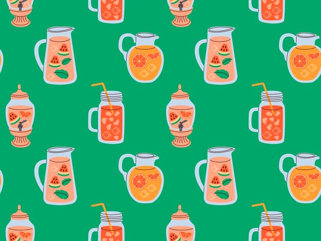 Naadloos patroon van limonadekannen met ijsblokjes en diverse vruchten Verfrissend drankje met muntblaadjes in werper met stro platte vectorillustratie