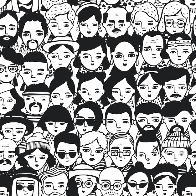 Naadloos patroon van menigte verschillende mensen, vrouw en man gezichten. Doodle portretten modieuze meisjes en jongens. Trendy handgetekende behang. Zwart-witte achtergrond.