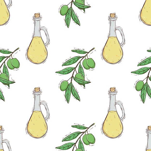 Vector naadloos patroon van olijfolie en boom met oliekruik gekleurde handtekening olijffruit