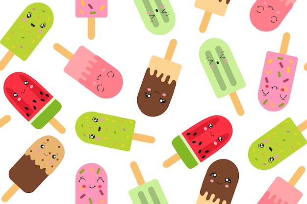Naadloos patroon van popsicle-ijs op een stokje in de stijl van kawaii.