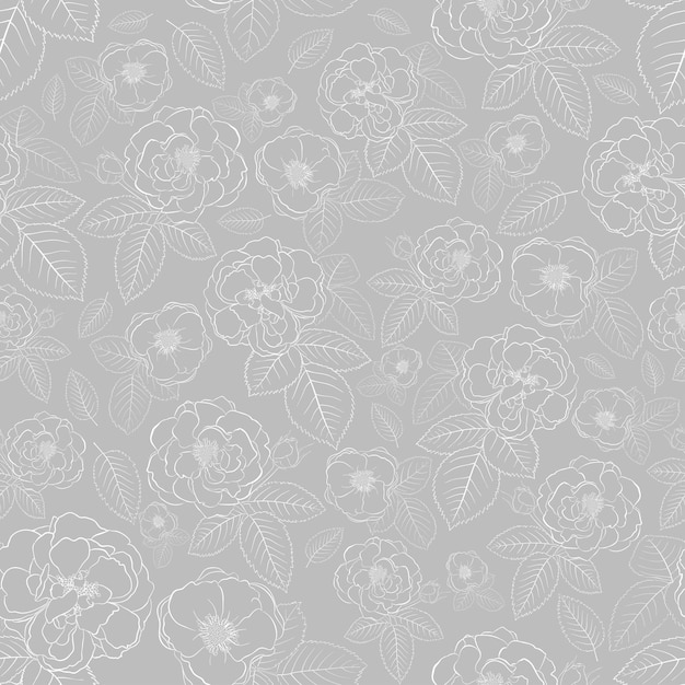 Naadloos patroon van rozen met bladeren wit op grijs