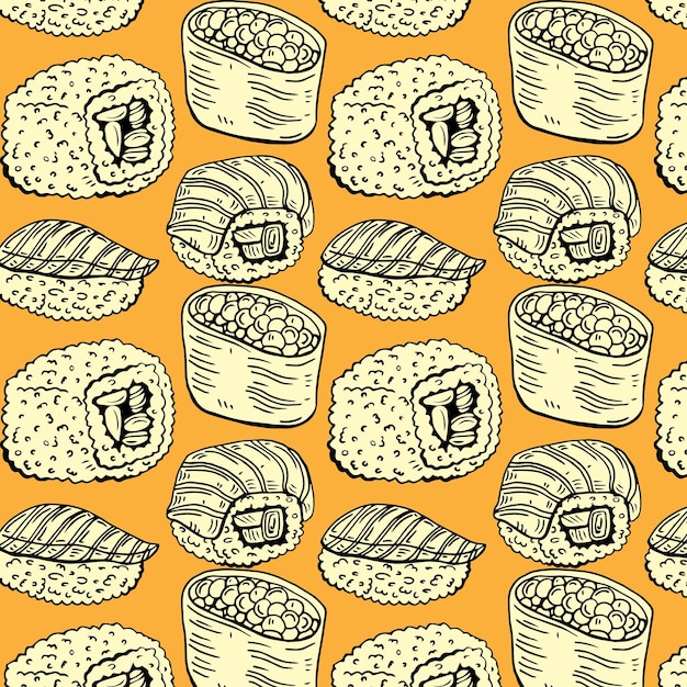 naadloos patroon van sushi en broodjes op een oranje achtergrond.
