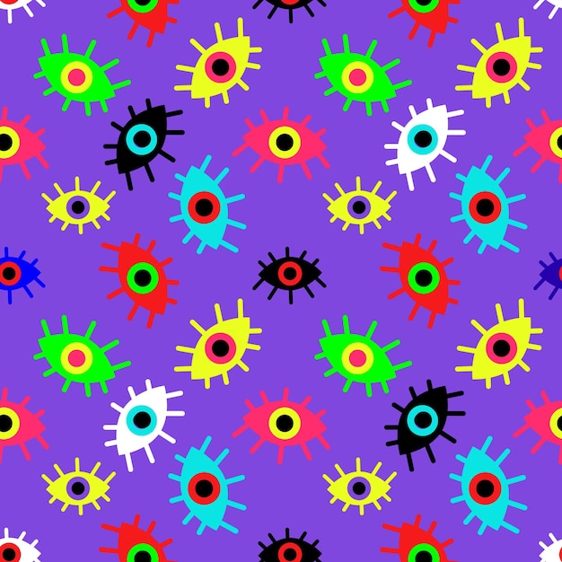 Naadloos patroon van veelkleurige abstracte ogen op een violette vectorillustratie als achtergrond