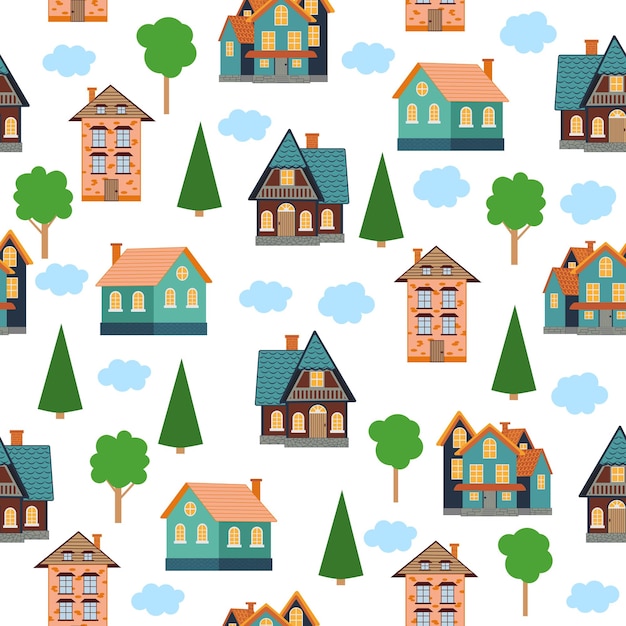 Naadloos patroon van verschillende kleurrijke huizen