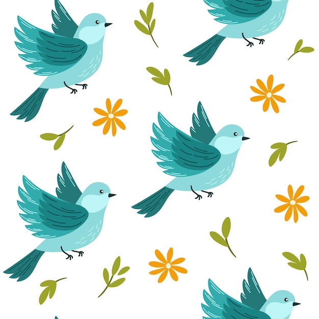 Naadloos patroon van vogelbloemen en groen blad op witte achtergrond vector illustratie