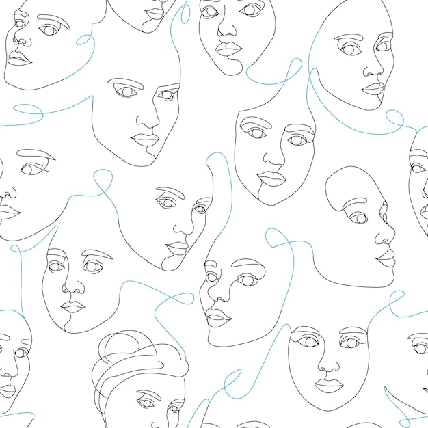 Naadloos patroon van vrouwelijke gezichten getekend met doorlopende lijn