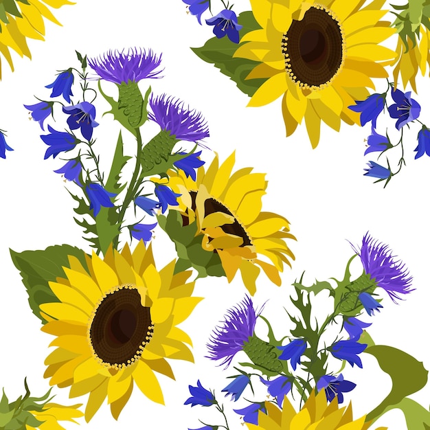 Naadloos patroon van zonnebloemen, distel en blauwbellen op wit Vectorillustratie Voor decoratief textiel verpakkingspapier