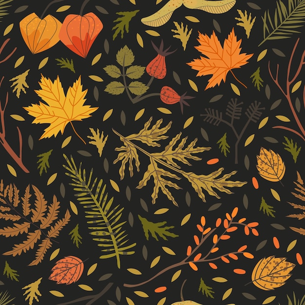 Vector naadloos patroon versierd met bloemenelementen: brier, dennennaalden, zanddoorn, kaapse kruisbes, varen, esdoornbladeren. herfst bos illustratie voor textiel, stof, inpakpapier print achtergrond.