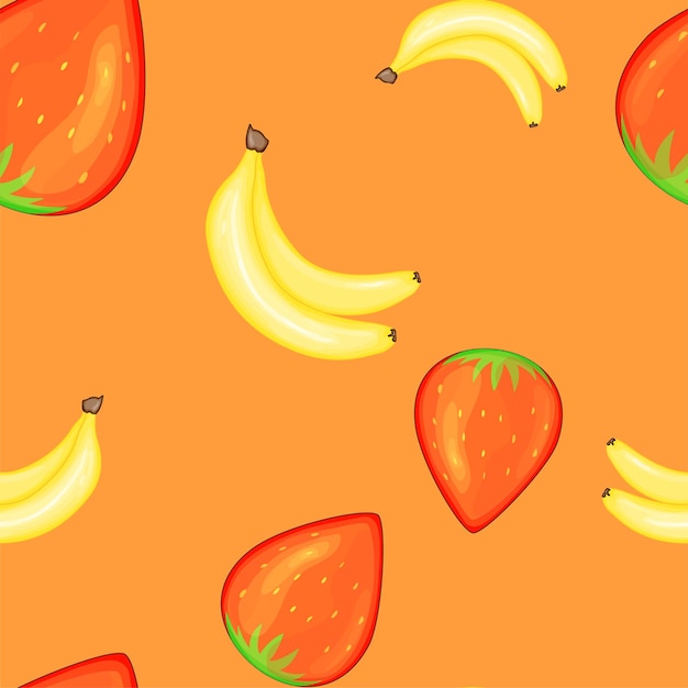 Naadloos patroon voor behang of cadeaupapier met aardbeien en bananen op een oranje achtergrond. leuke cartoonstijl. vector illustratie.