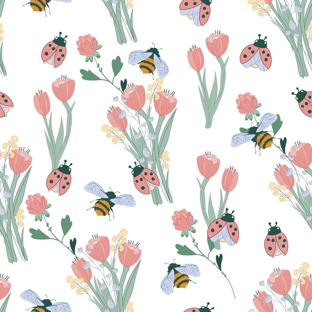 Naadloos patroon voor de lente met ladybug en tulpen vector illustratie