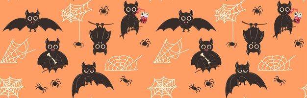 Naadloos patroon voor Halloween met vleermuizen en spinnenwebben Vector achtergrond met schattig vleermuis karakter