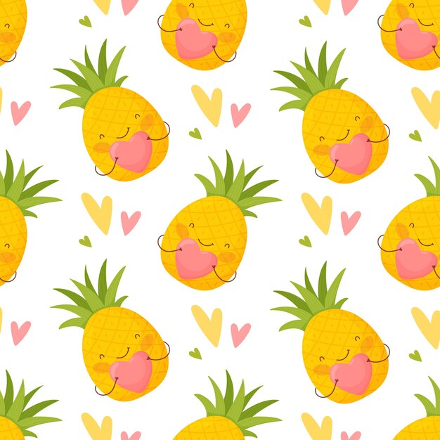 Naadloos patroon voor valentijnsdag. schattige cartoon ananas en kleurrijke harten.