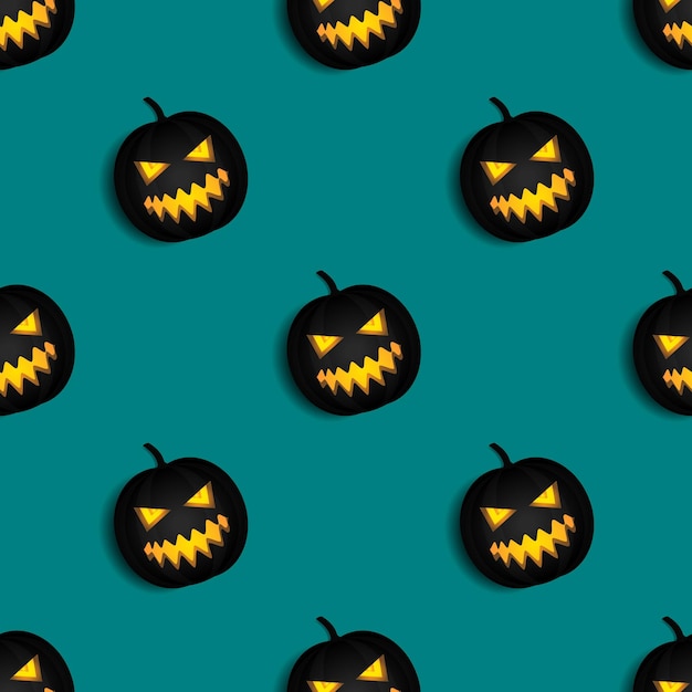 Naadloos patroon zwart pompoen vectorontwerp spookgezicht karakter op een groen achtergrondbehangontwerp om Halloween-dag te vieren