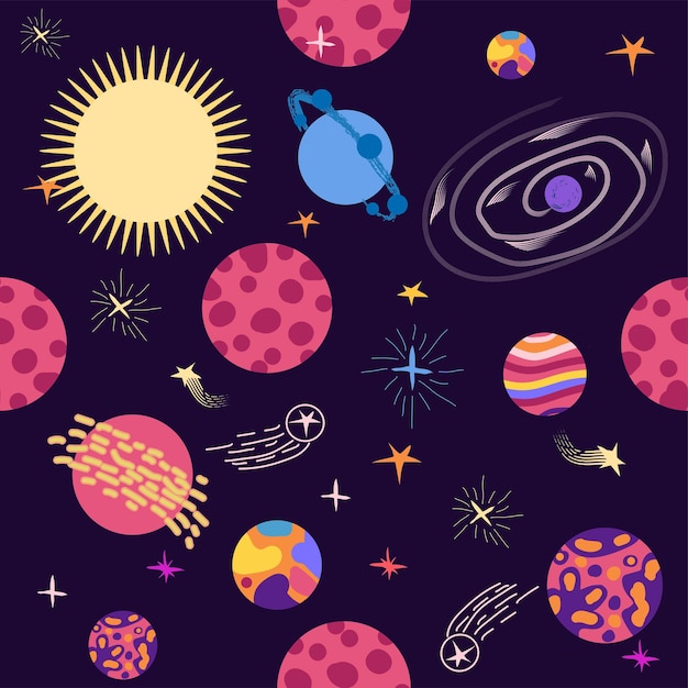 Naadloos ruimtepatroon Planeten raketten en sterren Cartoon ruimteschip pictogrammen Kid's elementen voor scrapbooking