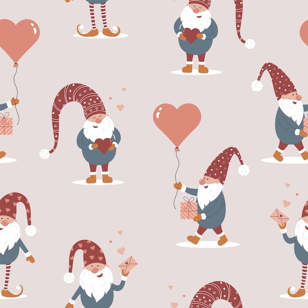 Naadloos schattig patroon met Scandinavische kabouters Happy Valentines day Love Vector illustration