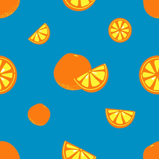Naadloos tropisch patroon van sinaasappelen op een blauwe achtergrond