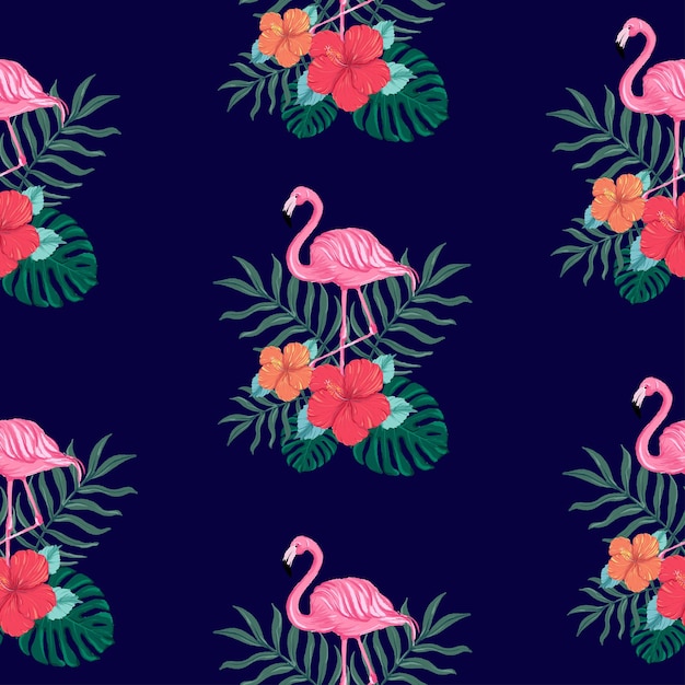 Naadloos tropisch zomerpatroon met hibiscusbloem en flamingovogels