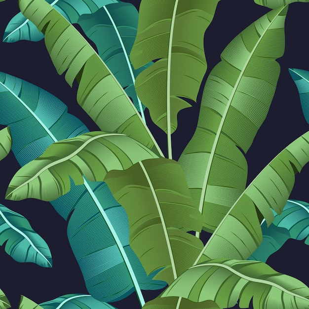 Naadloos turkoois en groen tropisch patroon met banaanbladeren