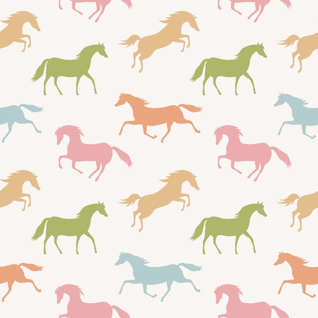 Naadloos vectorpatroon met kleurrijke lopende paarden. Pastelkleurige paarden op een beige ondergrond.