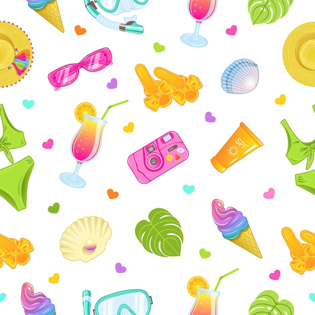 Naadloos vectorpatroon met zomerse strandaccessoires in felle kleuren Vector illustratie