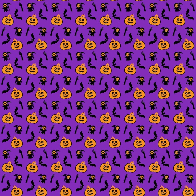Naadloos vectorpatroon voor Halloween-ontwerp Halloween-symbolen pompoenvleermuis en dood