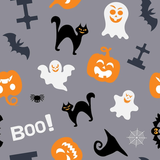 Naadloos vectorpatroon voor Halloween-ontwerp Halloween-symbolen spookvleermuispompoen in beeldverhaalstijl Vectorillustratie