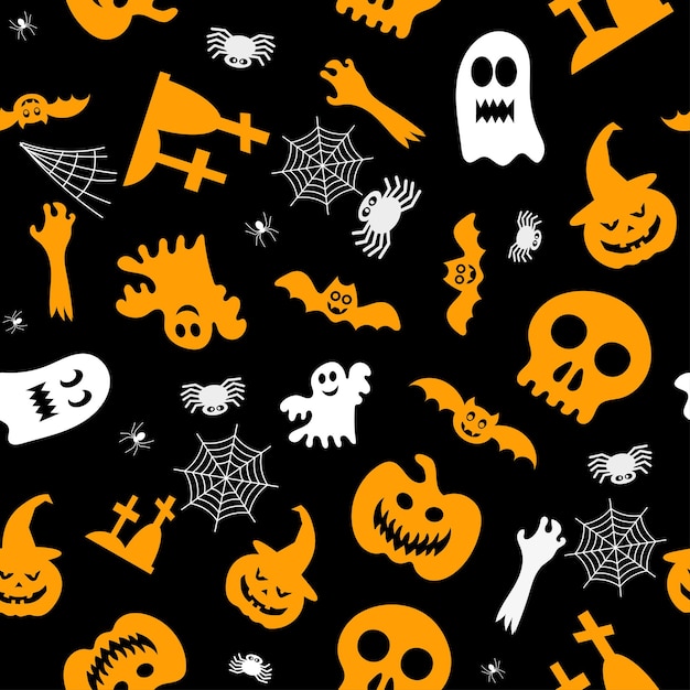 Naadloos vectorpatroon voor Halloween-ontwerp Halloween-symbolen spookvleermuispompoen in beeldverhaalstijl