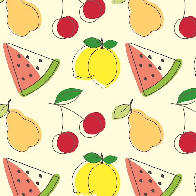 Naadloos vectorzomerpatroon met citroenen, kersen, watermeloenplakken, peer in één lijnstijl