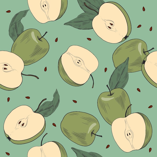 Naadloos vintage patroon met groene appelhelften op muntkleurige achtergrond