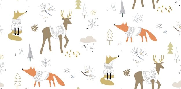 Vector naadloos winterpatroon met vossen en herten in het bos vectorillustratie