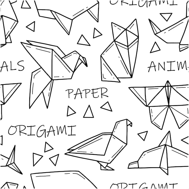 Naadloos zwart-wit patroon met origami dieren belettering en vormen in eenvoudige doodle stijl