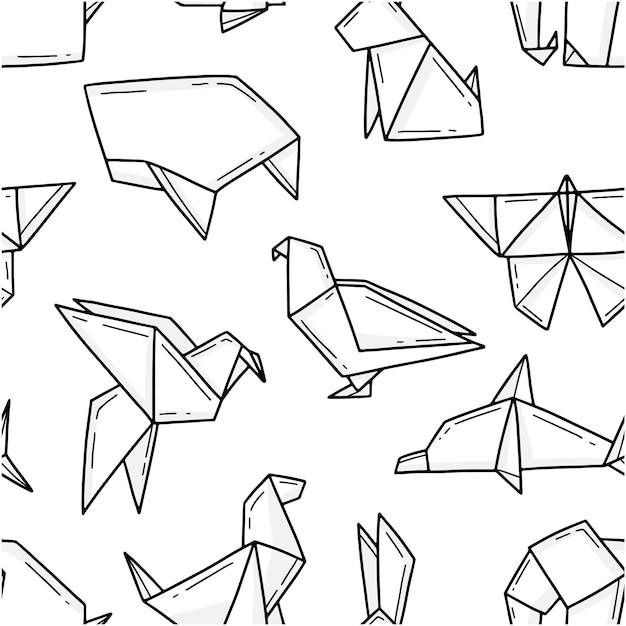 Naadloos zwart-wit patroon met origami dieren vector afbeelding achtergrond