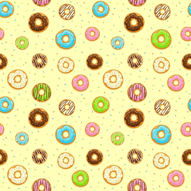 Naadloze achtergrond met donuts met glazuur en kleurrijke hagelslag op gele achtergrond, afbeelding.
