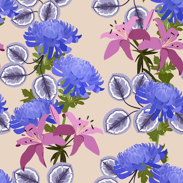 Naadloze achtergrond met Japanse chrysanten en lily