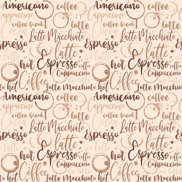 Vector naadloze achtergrond met koffiespots en belettering van coffee cappuccino latte en andere