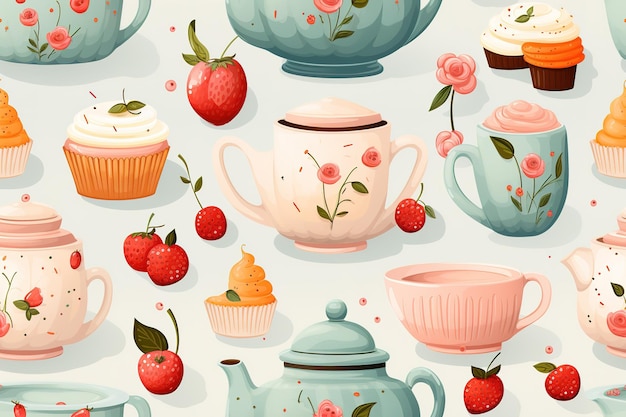 Naadloze achtergrond Tea party patroon op wit Waterverf illustratie van grappige rode kopjes