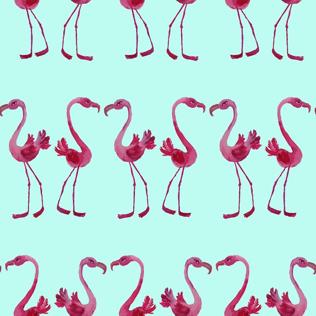 Naadloze achtergrond van aquareltekeningen van cartoon roze flamingo's