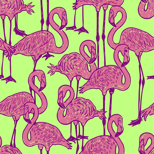 Naadloze achtergrond van getekende cartoon roze flamingo's