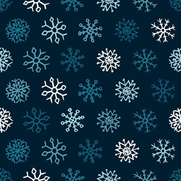 Naadloze achtergrond van hand getrokken sneeuwvlokken. Blauwe kleurrijke sneeuwvlokken op blauwe achtergrond. Kerstmis en Nieuwjaar decoratie-elementen. Vector illustratie.